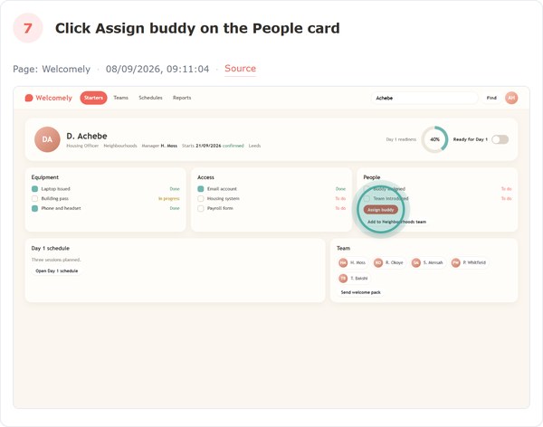 A captured step card: Click Assign buddy on the People card, with the click marker on the screen where it was clicked