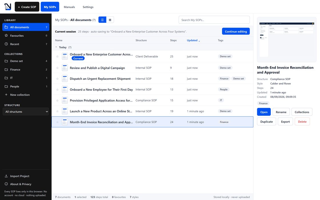 My SOPs with seven documents and the preview pane